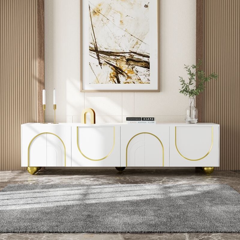 Meuble tv, lowboard avec portes structurées, décorations dorées, pieds ronds dorés, étagères incluses, ouverture par pression