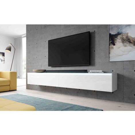 Meuble TV lowboard Bargo 200cm x 34cm x 32cm – Finition blanc mat et brillant – Avec éclairage LED intégré – Design moderne – Furnix