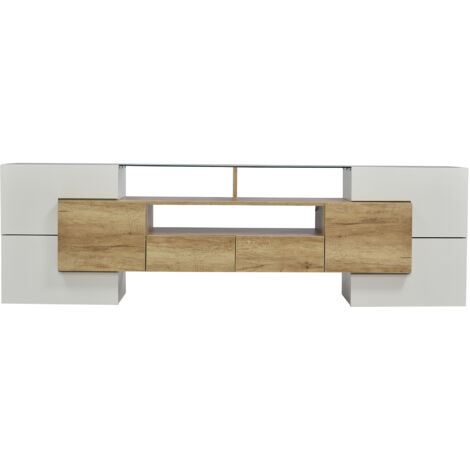 Meuble TV Lowboard Blanc 200 cm, Design Moderne, Surface en Verre Élégante