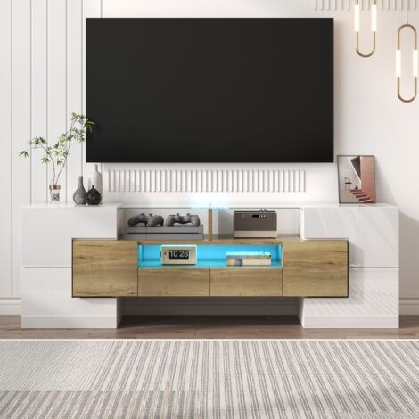 Meuble TV lowboard blanc brillant 145cm - Éclairage LED design - Surface verre élégante - Style moderne