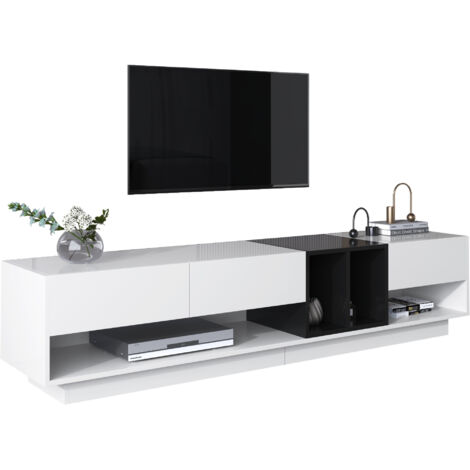 Meuble TV, Lowboard Colorblocking Blanc Et Noir, Avec Tiroirs, Étagères Et Espaces De Rangement