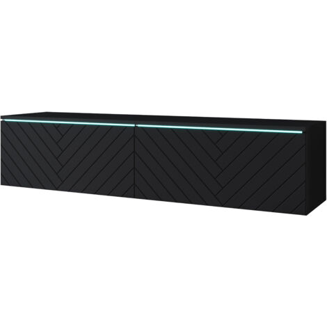 Meuble TV Lowboard D 140 cm, meuble de télévision sans éclairage LED, meuble de télévision suspendu, coloris noir à chevrons