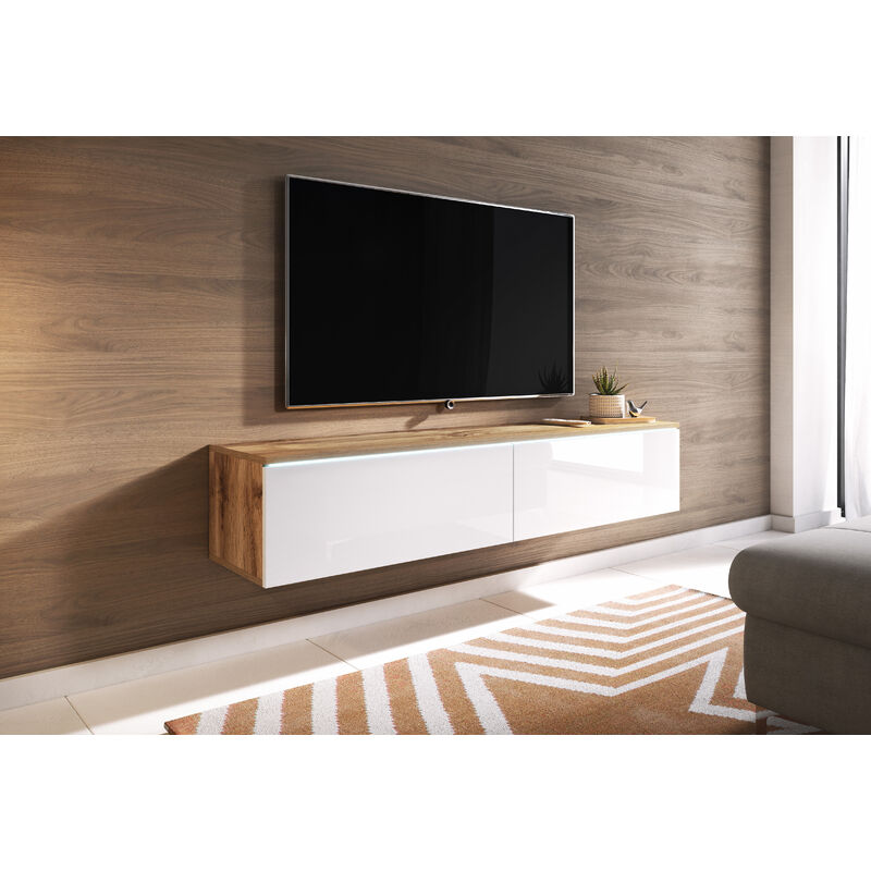 Bratex - Meuble tv Lowboard d 140 cm, meuble tv sans éclairage led, meuble tv suspendu, couleur wotan/blanc brillant