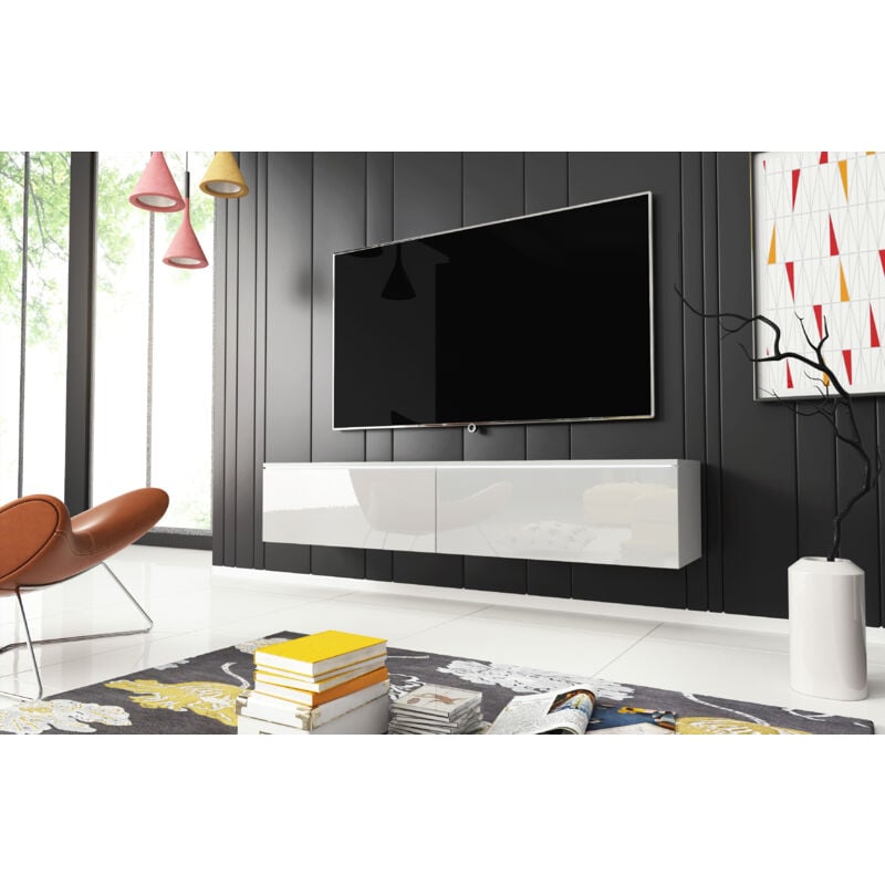 Meuble tv Lowboard d 140 cm, meuble tv sans éclairage led, meuble tv suspendu, coloris blanc brillant