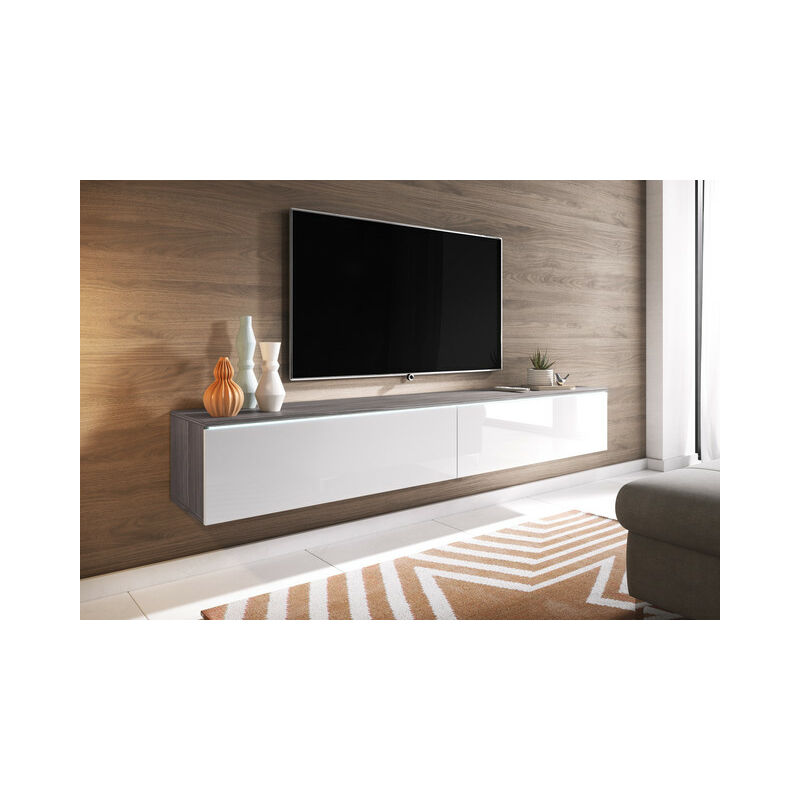 Bratex - Meuble tv Lowboard d 180 cm, meuble tv sans éclairage led, meuble tv suspendu, couleur blanc brillant/bodega