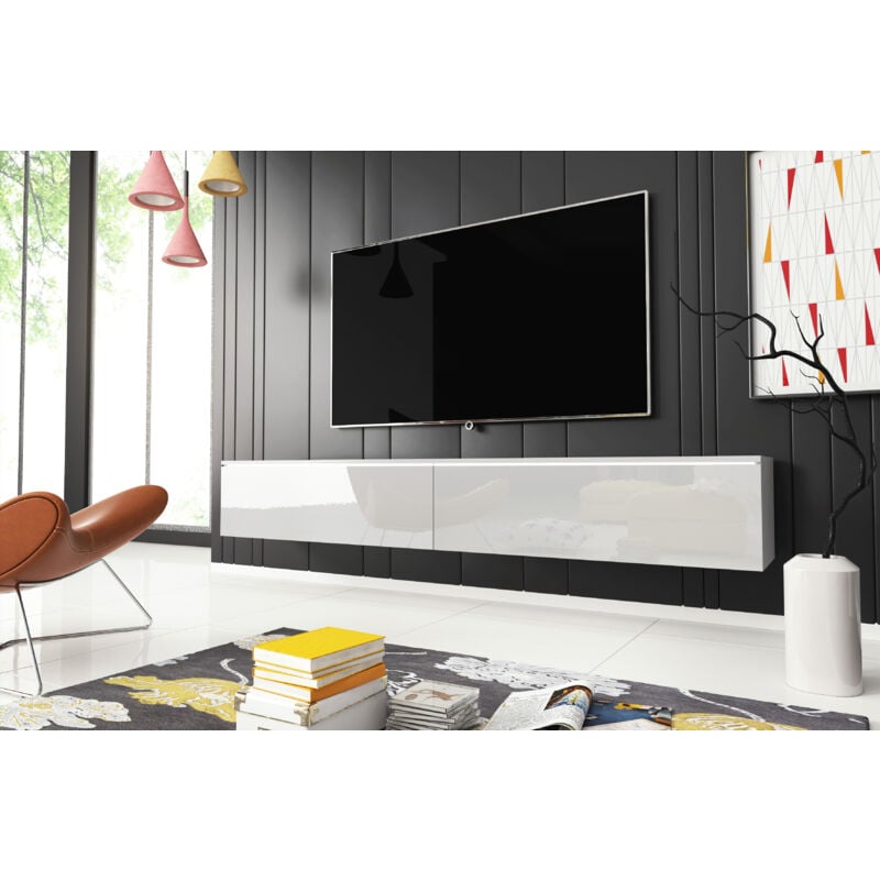 Meuble tv Lowboard d 180 cm, meuble tv sans éclairage led, meuble tv suspendu, coloris blanc/blanc brillant