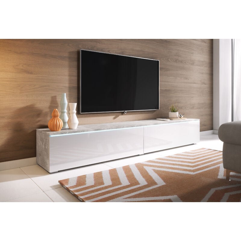 Meuble tv Lowboard d 180 cm, meuble tv sans éclairage led, meuble tv suspendu, couleur blanc brillant/béton