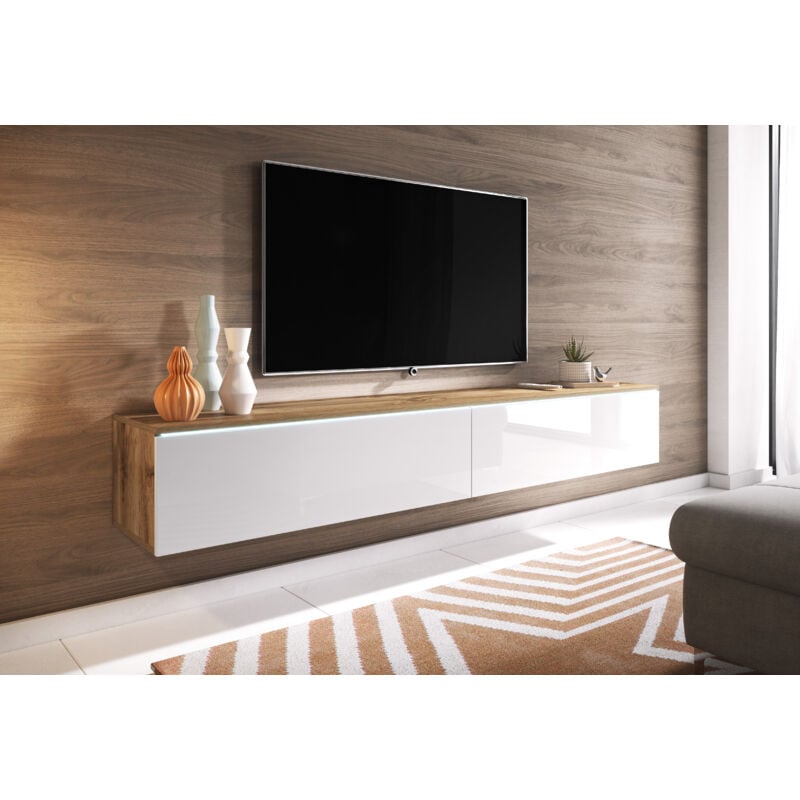 Meuble tv Lowboard d 180 cm, meuble tv sans éclairage led, meuble tv suspendu, coloris wotan/blanc brillant