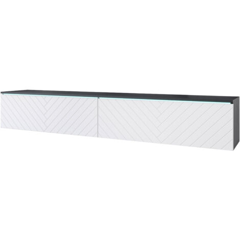 Meuble TV Lowboard D 180 cm, meuble TV avec éclairage LED, meuble TV suspendu, couleur matera/blanc à chevrons
