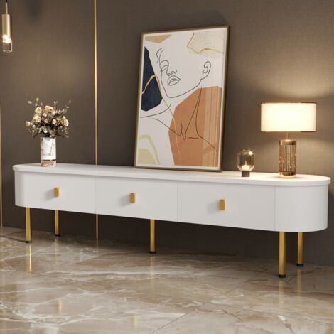 Meuble TV lowboard design avec tiroirs, poignées & pieds dorés, coins incurvés, meuble télé élégant pour salon moderne