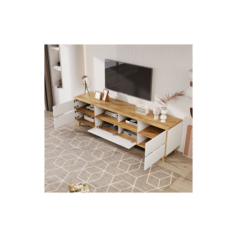 Meuble tv, lowboard, meuble de salon aux coloris blanc et bois. Compartiments et portes dans un style maison de campagne naturelle