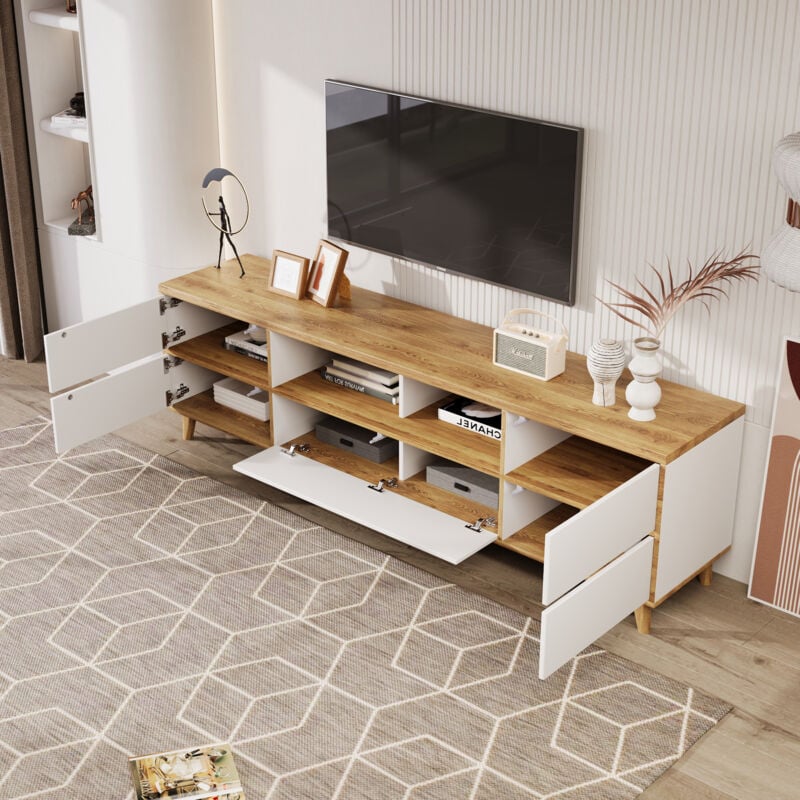 Meuble tv blanc et bois, lowboard, meuble de salon avec multiples espace de rangement, 175x37x51 cm