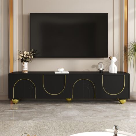 Meuble TV lowboard - Portes structurées avec ornements dorés et pieds ronds - Ouverture par pression et étagères 170x38x44cm - Noir