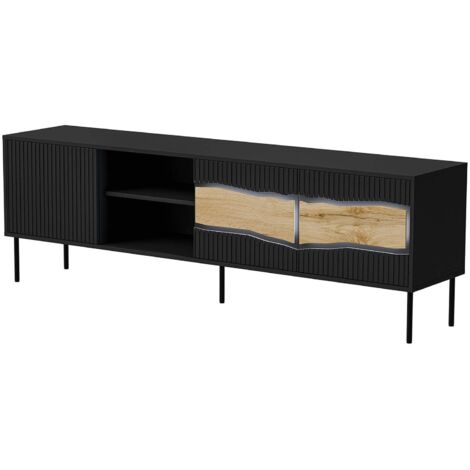 Meuble TV Luvinate, buffet de salon avec trois portes battantes et deux compartiments, avec lumières LED, surélevé du sol, 190x40 h62 cm, noir et nœuds de chêne