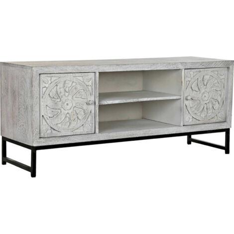 Meuble TV mandala blanc en bois de mango et métal - Blanc antique avec motifs mandala