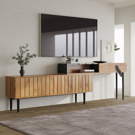 Meuble TV marbre et bois, chants PVC, pieds fer, bois foncé