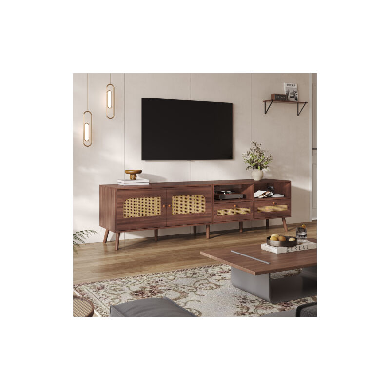 Okwish - Meuble tv marron 200 cm, buffet bas avec 2 portes en rotin et 2 tiroirs, 200x37x49,5 cm Okwish - Meuble tv marron 200 cm, buffet bas avec 2 portes en rotin et 2 tiroirs, 200x37x49,5 cm