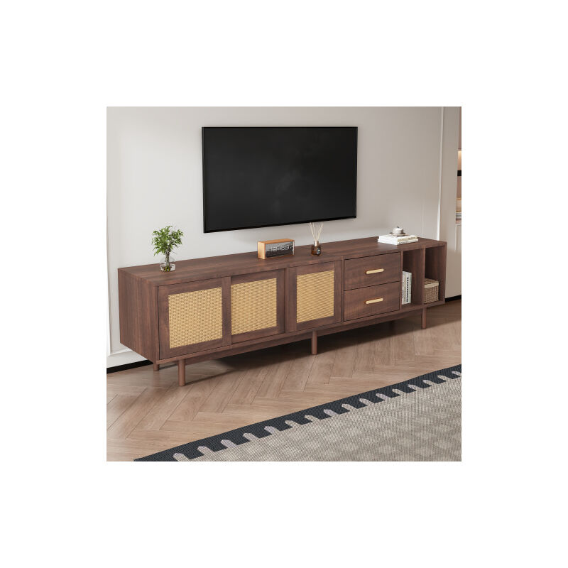 Okwish - Meuble tv marron 190 cm, buffet bas en rotin marron avec 6 pieds de support, 190x40x52 cm Okwish - Meuble tv marron 190 cm, buffet bas en rotin marron avec 6 pieds de support, 190x40x52 cm