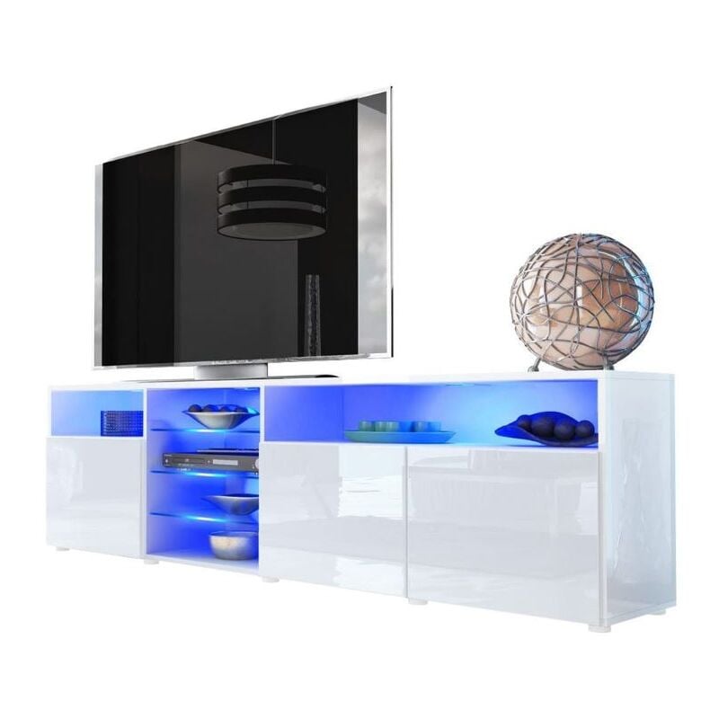 Dusine - meuble tv massimo 200 cm Blanc Mat et portes Blanc Laquées led rgb