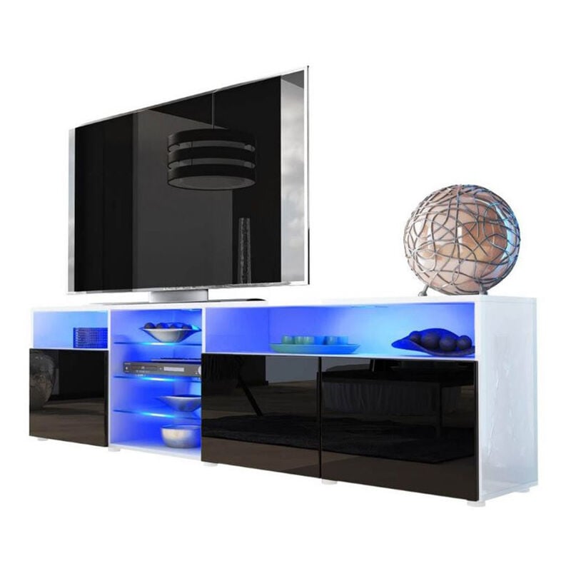 Dusine - meuble tv massimo 200 cm Blanc Mat et portes Noir Laquées led rgb