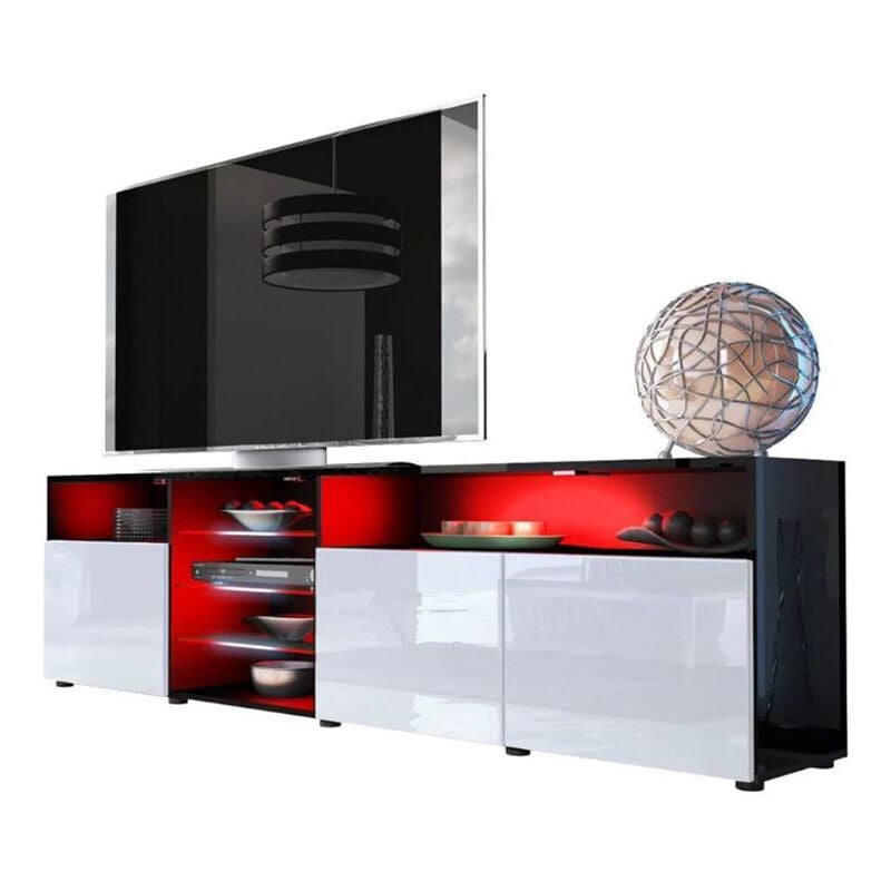Dusine - meuble tv massimo 200 cm Noir Mat et portes Blanc Laquées led rgb