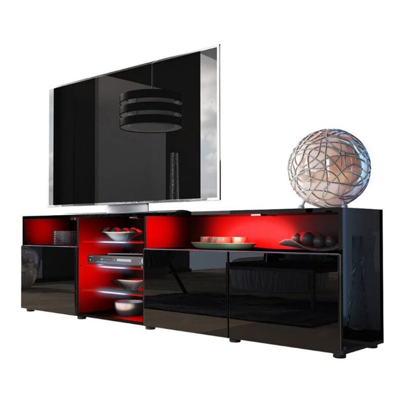 Dusine - meuble tv massimo 200 cm Noir Mat et portes Noir Laquées led rgb