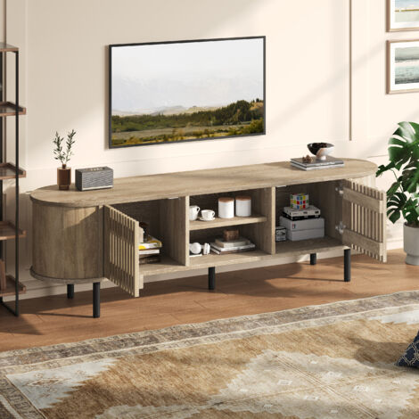 Meuble TV MDF coloris naturel 160,0 x 40,0 x 47,0 cm, 2 portes, rangement 3 niveaux, 5 pieds, pour TV jusqu’à 65 pouces