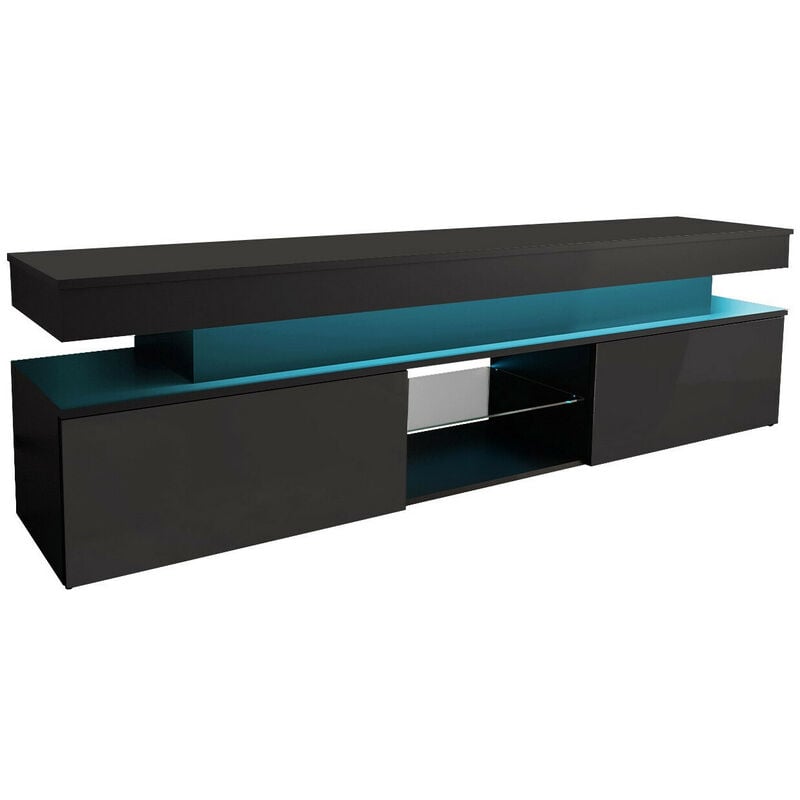 Meuble tv Monfero 103, Noir + Noir brillant, Le nombre de portes: 0, Nombre de tiroirs: 0, 190x54x39cm, led