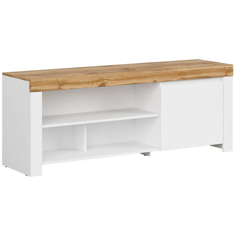 Meuble TV Meuble bas avec 1 porte et 5 niches ,coloris Blanc/Chêne wotan - Longueur 156 x Profondeur 42 x Hauteur 60,5 cm