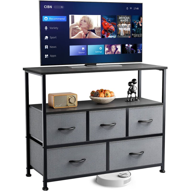 Joeais - Meuble tv Meuble de rangement avec 5 tiroirs en tissu Peut accueillir un téléviseur 45' Convient pour le salon et la chambre, Gris