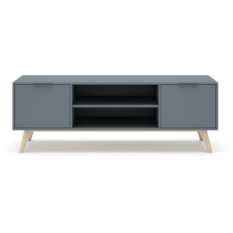 Meuble TV, Meuble de salon aspect bois avec 2 portes et 2 niches coloris Vert Kaki, pieds en pin coloris blanc ciré - Longueur 140 x Profondeur 40 x Hauteur 53 cm
