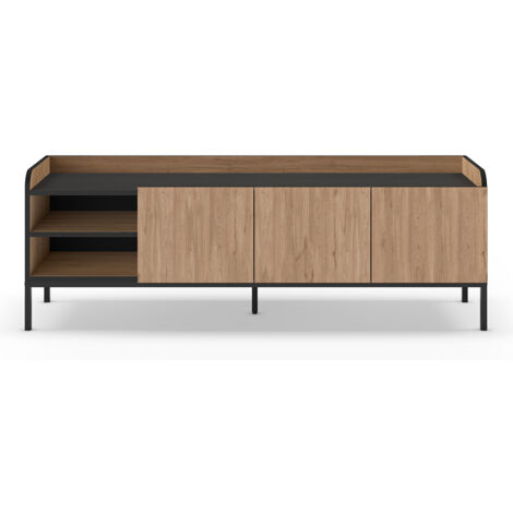 Meuble TV, Meuble de salon aspect bois avec 3 portes coloris naturel, pieds en métal noir - Longueur 160 x Profondeur 42 x Hauteur 55 cm
