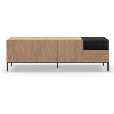 Meuble TV, Meuble de salon aspect bois avec 3 portes et 1 tiroir, pieds en métal coloris noir -Longueur 180 x Profondeur 42 x Hauteur 55 cm