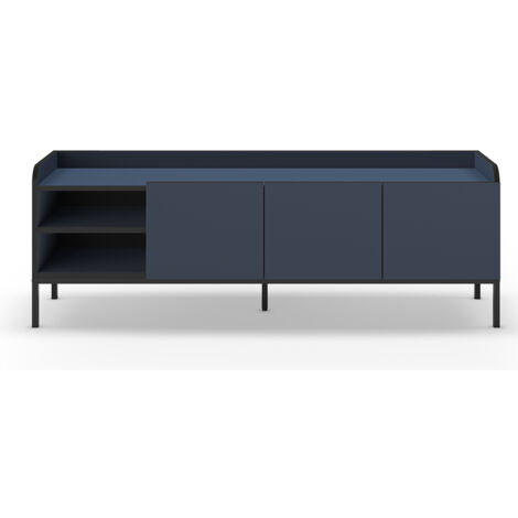 Meuble TV, Meuble de salon aspect bois coloris bleu, pieds en métal noir - Longueur 160 x Profondeur 42 x Hauteur 55 cm