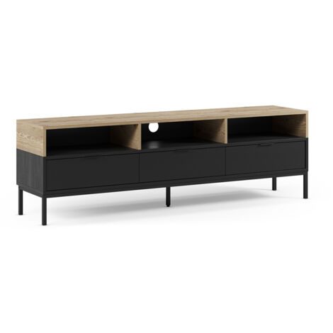 Meuble TV, Meuble de salon aspect bois coloris chêne, noir et pieds en métal - Longueur 180 x Profondeur 40 x Hauteur 55 cm