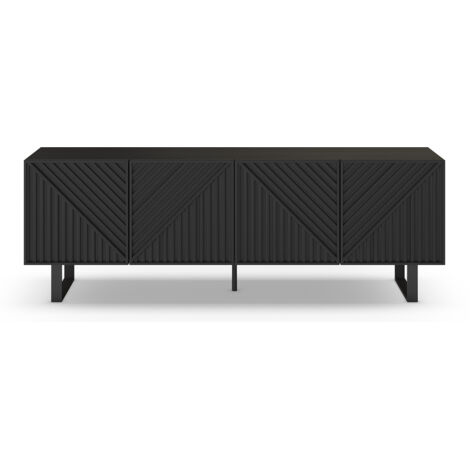 Meuble TV, Meuble de salon aspect bois coloris noir, pieds en métal noir - Longueur 161,20 x Profondeur 35 x Hauteur 55 cm