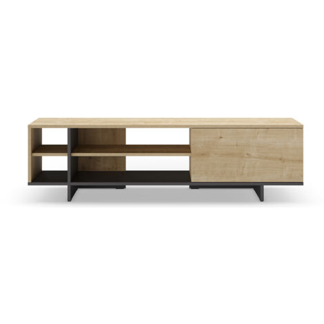 Meuble TV, meuble de salon avec 1 porte et 4 niches aspect bois coloris chêne, noir - Longueur 160 x Profondeur 35,60 x Hauteur 44 cm