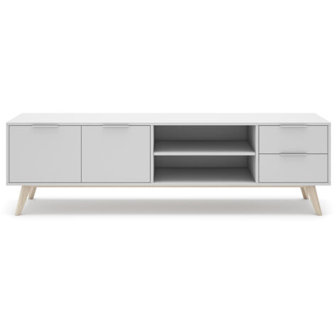 Meuble TV, meuble de salon avec 2 portes, 2 niches et 2 tiroirs en pin coloris blanc/naturel - Longueur 180 x Profondeur 40 x Hauteur 53 cm