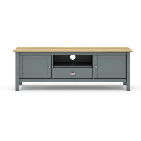 Meuble TV, meuble de salon avec 2 portes et 1 niche coloris Vert kaki, chêne - Longueur 158 x Profondeur 40 x Hauteur 53 cm