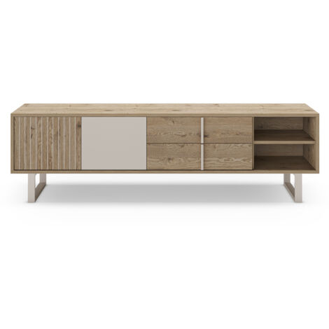 Meuble TV, Meuble de salon avec 2 portes et 2 tiroirs aspect bois coloris chêne et métal gris - Longueur 180 x Profondeur 40 x Hauteur 51,50 cm