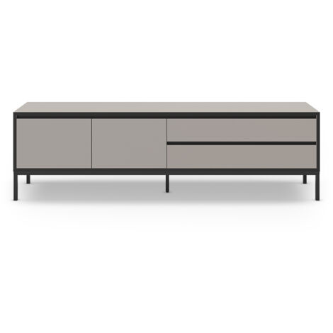 Meuble TV, Meuble de salon avec 2 portes et 2 tiroirs aspect bois coloris crème et pieds en métal noir - Longueur 180 x Profondeur 40 x Hauteur 55 cm