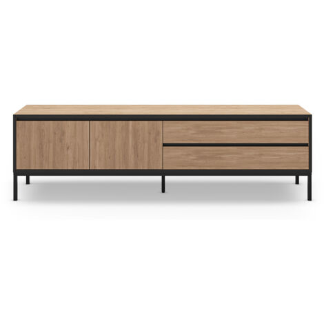 Meuble TV, Meuble de salon avec 2 portes et 2 tiroirs aspect bois coloris naturel, pieds en métal noir - Longueur 180 x Profondeur 40 x Hauteur 55 cm