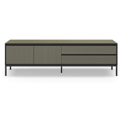 Meuble TV, Meuble de salon avec 2 portes et 2 tiroirs aspect bois coloris vert et pieds en métal noir - Longueur 180 x Profondeur 40 x Hauteur 55 cm