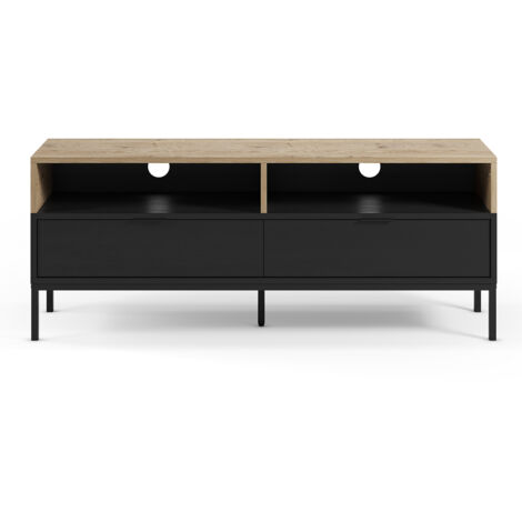 Meuble TV, Meuble de salon avec 2 tiroirs et 2 niches aspect bois coloris chêne, noir et pieds en métal - Longueur 140 x Profondeur 40 x Hauteur 55 cm