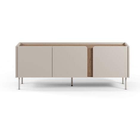Meuble TV, Meuble de salon avec 3 portes aspect bois coloris crème, chêne et pieds en métal - Longueur 140 x Profondeur 35 x Hauteur 53 cm