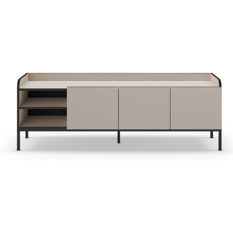 Meuble TV, Meuble de salon avec 3 portes aspect bois coloris crème, pieds en métal noir - Longueur 160 x Profondeur 42 x Hauteur 55 cm