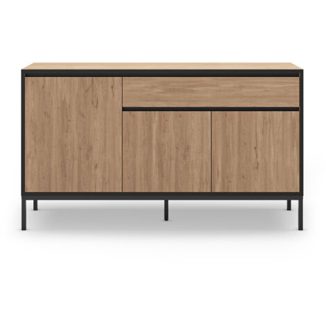 Meuble TV, Meuble de salon avec 3 portes et 1 tiroir aspect bois coloris naturel et pieds en métal noir - Longueur 140 x Profondeur 40 x Hauteur 80 cm