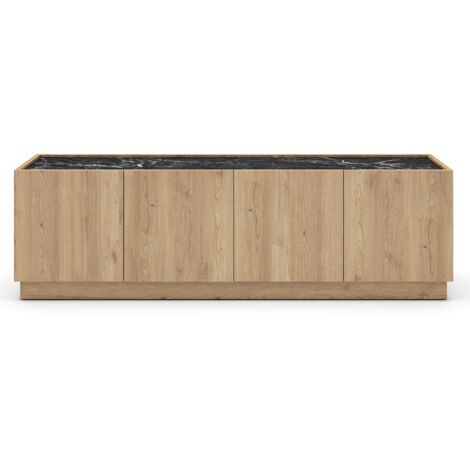 Meuble TV, meuble de salon avec 4 portes aspect bois coloris naturel et effet marbre noir - Longueur 160 x Profondeur 41,8 x Hauteur 48 cm
