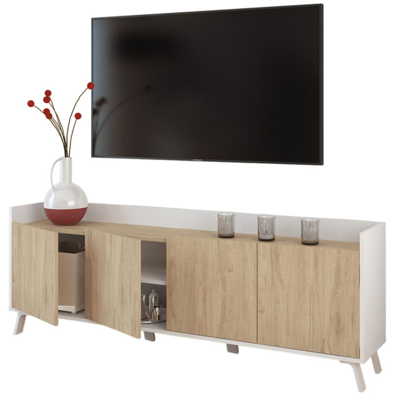 Pegane - Meuble tv, meuble de salon avec 4 portes coloris blanc, chêne - Hauteur 63 x Longueur 180 x profondeur 33 cm Pegane - Meuble tv, meuble de salon avec 4 portes coloris blanc, chêne - Hauteur 63 x Longueur 180 x profondeur 33 cm