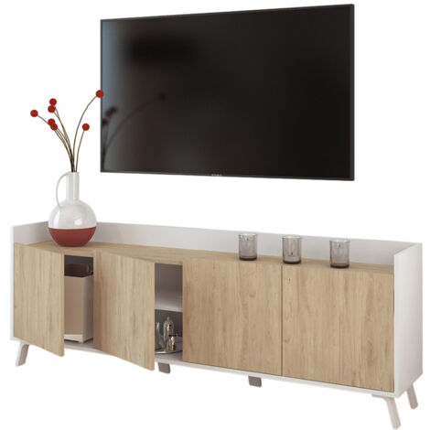 Meuble TV, meuble de salon avec 4 portes coloris blanc, chêne - Hauteur 63 x Longueur 180 x profondeur 33 cm